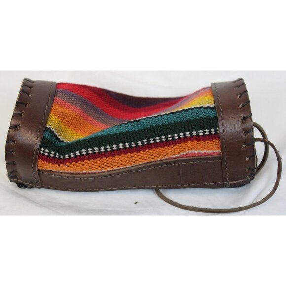 Peruvian Peru Pencil Stationary Case Round Woven Native Blanket Leather Pouch - Picture 4 of 8